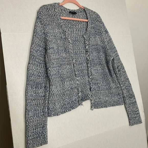 Tribal Cardigan Sweater, Soft Knit, Frayed Edge, Blue & White, XL - Picture 2 of 8
